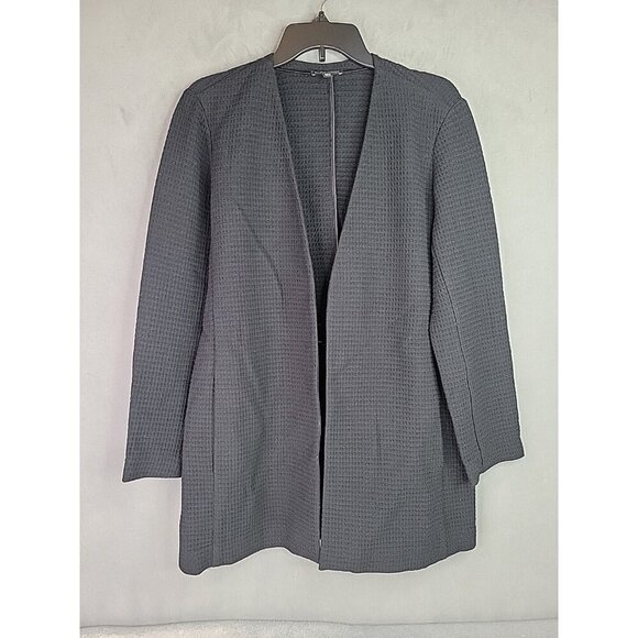 Eileen Fisher Sz Med Black Waffle Knit Tencel Cotton Blend Cardigan Long Pockets - Picture 13 of 13